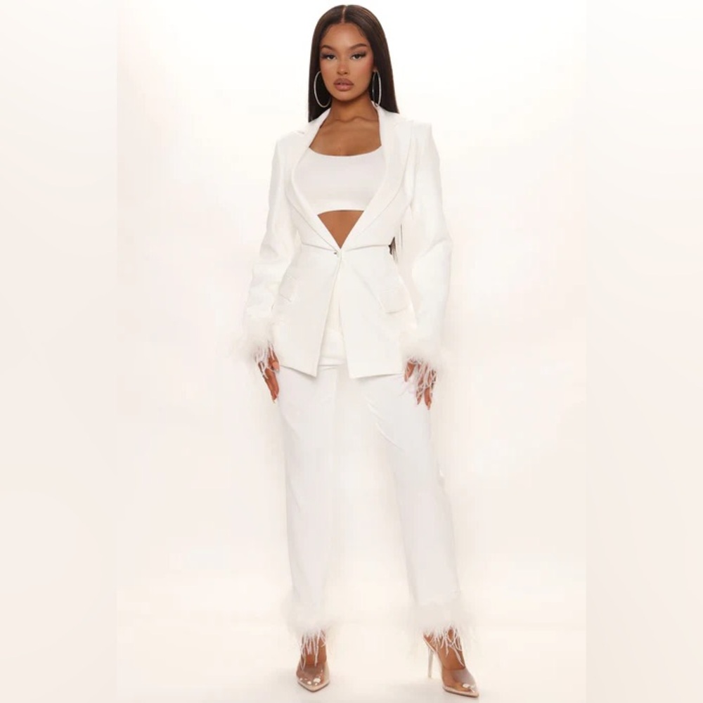 Fashion Nova white feather trim two piece